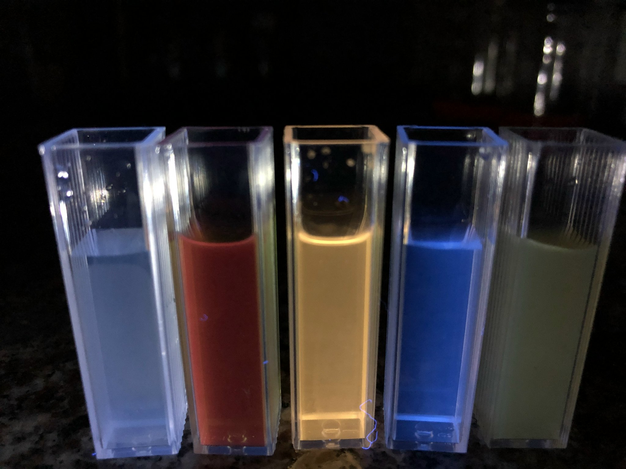Màu sắc các chấm lượng tử phân tán đều trong môi trường pH 7,4 và phát quang khi được chiếu ánh sáng UV. Độ phát quang giữ được ngay cả khi dung dịch được pha loãng hàng trăm lần | Nguồn: NVCC