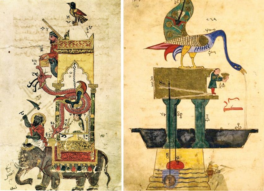 Hình vẽ mô tả Đồng hồ Voi (trái) và Đài phun nước hình con công (phải) trong cuốn sách của al-Jazari. Ảnh: Wikipedia