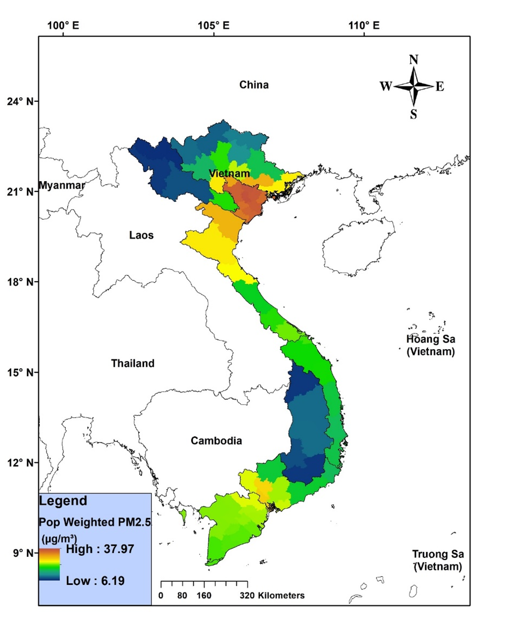 Bản đồ có độ phân giải 3km x 3km. Dải nồng độ bụi PM 2.5 trung bình năm biến thiên từ 6,19 - 37,7𝜇g/m3, tương ứng với dải màu biến thiên từ xanh đến đỏ. | Nguồn: FIMO