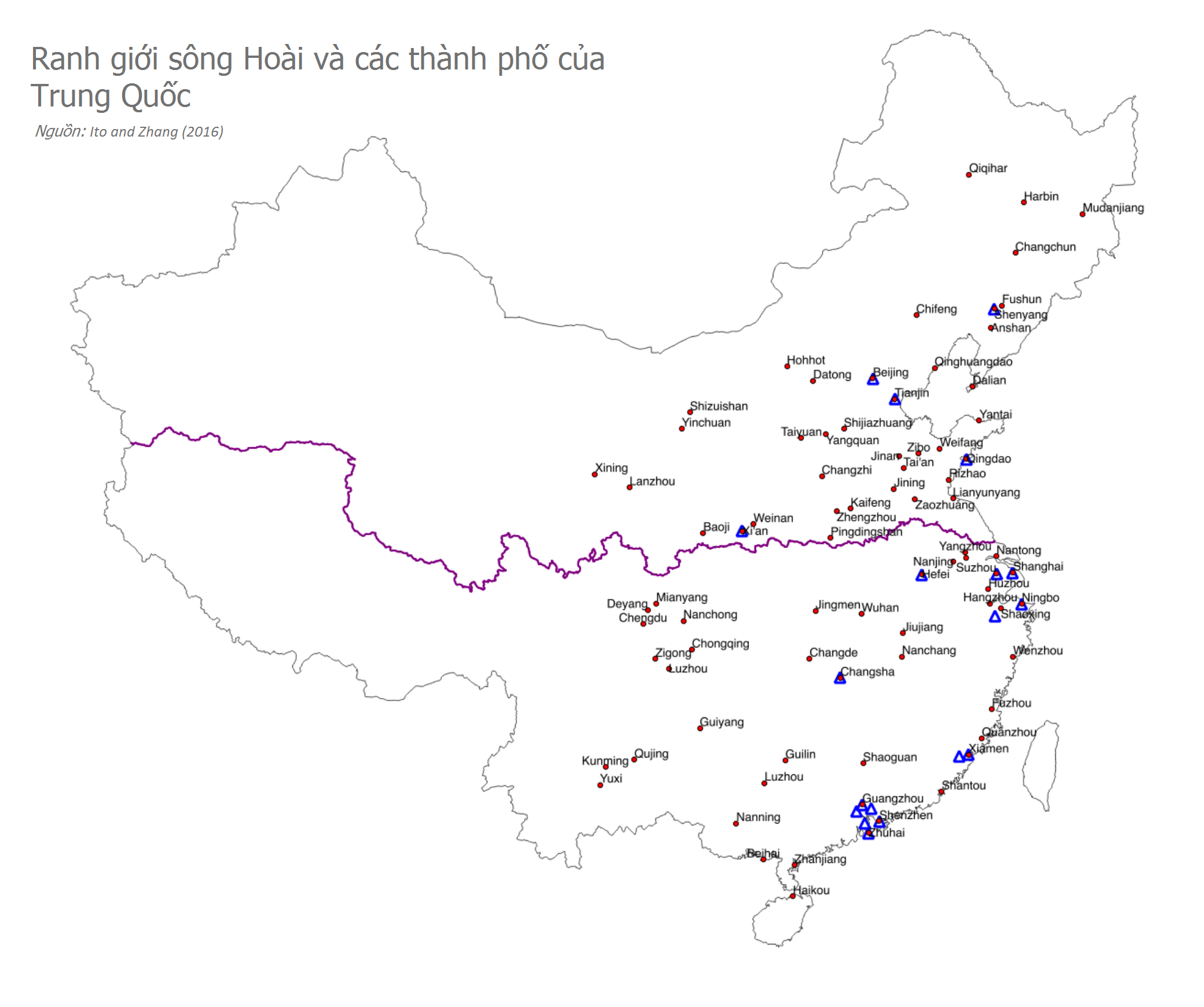 Bản đồ các thành phố ở phía Nam và phía Bắc sông Hoài (Trung Quốc). Đường màu tím giữa bản đồ biểu thị ranh giới sông Hoài-núi Tần Lĩnh. Mỗi chấm tròn biểu thị một thành phố. Mỗi hình tam giác biểu thị một địa điểm đặt nhà máy hoặc cảng biển. Ảnh trích từ nghiên cứu của Ito và Zhang (2016)