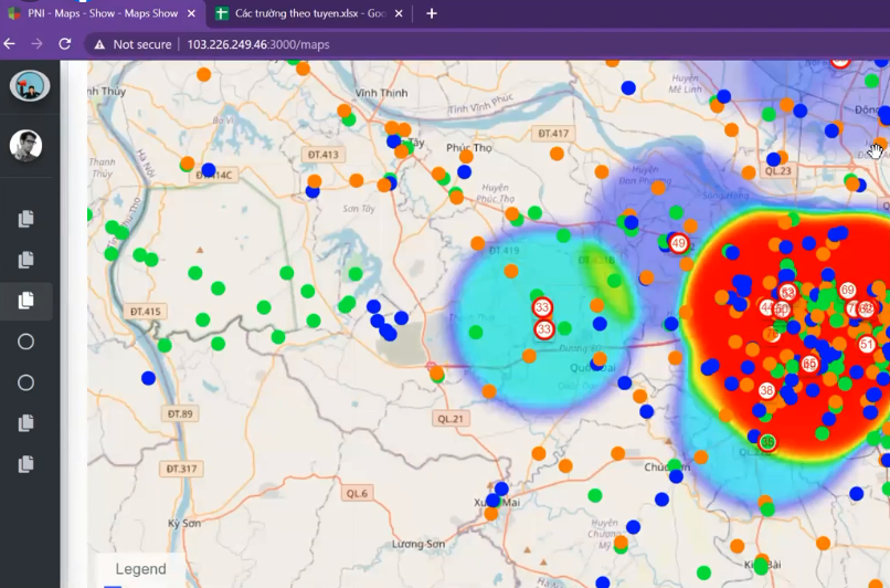 Bản đồ heatmap biểu thị ô nhiễm tiếng ồn theo thời gian thực ở các trường học tại Hà Nội trong khuôn khổ dự án nghiên cứu | Ảnh chụp màn hình ngày 21/5/2021, nguồn VSL