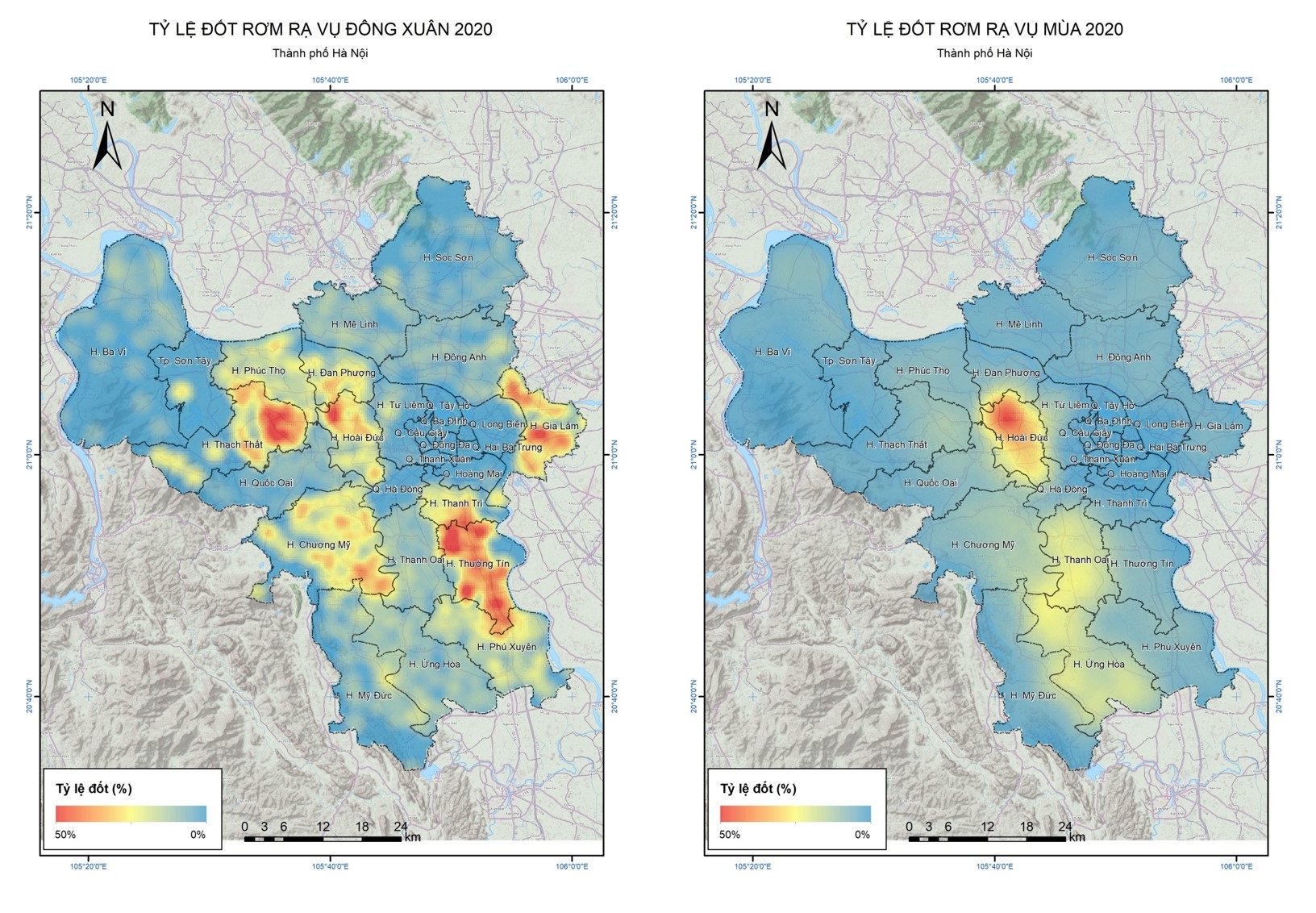 Tỷ lệ đốt rơm rạ vụ Đông-Xuân (trái) và vụ Hè-Thu (phải) tại Hà Nội năm 2020 | Nguồn: H.A Lê et el, 2020