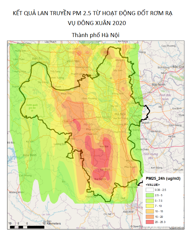 Kết quả mô phỏng lan truyền bụi mịn PM2,5 trung bình 24h từ nguồn đốt rơm rạ trên địa bàn thành phố Hà Nội, vụ Đông – Xuân năm 2020 bằng mô hình khuếch tán ADMS | Nguồn: H.A. Lê et al, 2020