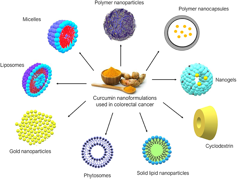 Các hệ thống phân phối thuốc nanocurcumin khác nhau hiện đang được sử dụng trên thế giới. Các hạt nano của OIC thuộc hệ mixen (micelles) đã được thương mại. Ngoài ra, họ đang phát triển các hạt nano hệ liposome. Ảnh: Front. Pharmacol, 2019