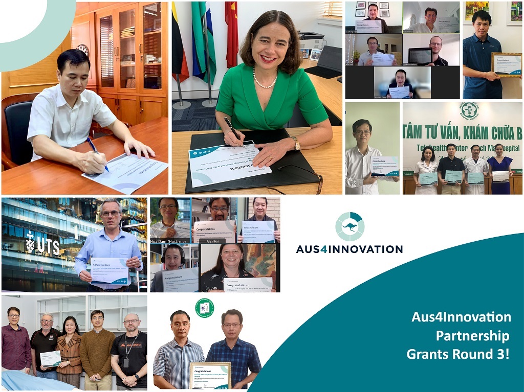 Trao chứng nhận tài trợ vòng 3 của chương trình Aus4Innovation năm 2021 | Ảnh: ĐSQ Australia