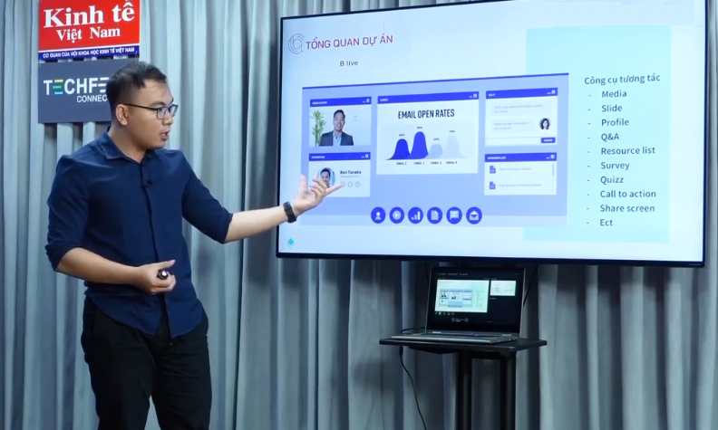 Nguyễn Thế Bảo, đồng sáng lập Ivenue - nền tảng tổng hợp, phân loại và phát sóng sự kiện online bằng livestream tại buổi thuyết trình gọi vốn tháng 11/2021. Ảnh chụp màn hình