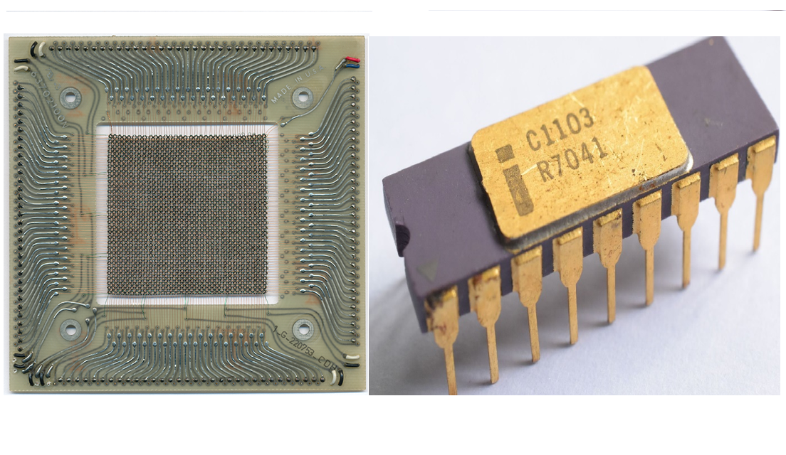Bộ nhớ dùng công nghệ lõi ferite năm 1960 (trái) và chip DRAM đầu tiên của Intel năm 1970 (phải)