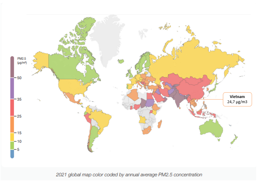 Nồng độ PM2.5 trung bình năm 2021 của các quốc gia trên thế giới | Ảnh: IQAir