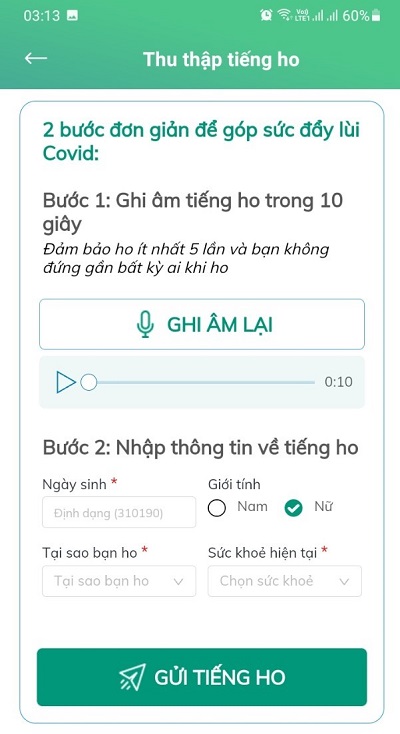 Một giao diện màn hình Medtech thu thập tiếng ho | Ảnh chụp màn hình