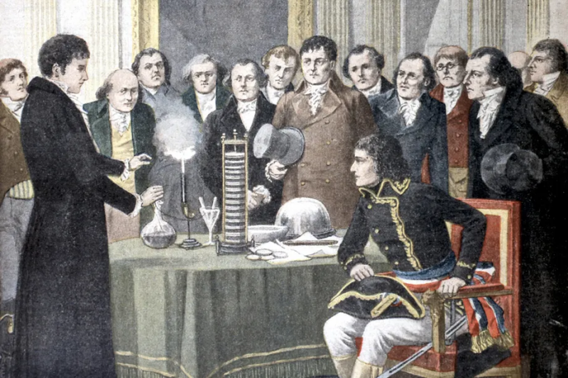 Năm 1801, tại Paris (Pháp), Volta trình bày thí nghiệm tạo ra pin Volta trước sự chứng kiến của Napoleon Bonaparte, người đã phong hiệu bá tước cho Volta.