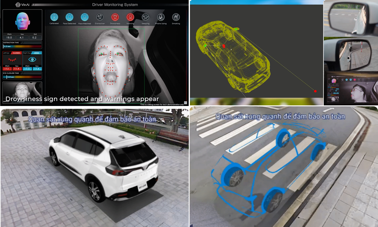 Các tính năng của hệ thống giám sát người lái DMS (trên) và quan sát nâng cao ASVM (dưới) trong xe ô tô | Ảnh: VinAI