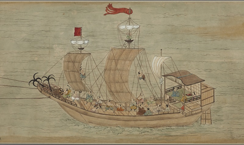 Cuộn tranh "Giao dịch thuyền đồ quyển" thế kỷ XVIII mô tả hành trình của thương nhân Chaya Shinroku đi buôn bán ở Hội An trong hệ thống thương mại Châu Ấn thuyền (Shuinsen) thời kỳ Edo, Nhật Bản. Nguồn: Bảo tàng Quốc lập Kyushu
