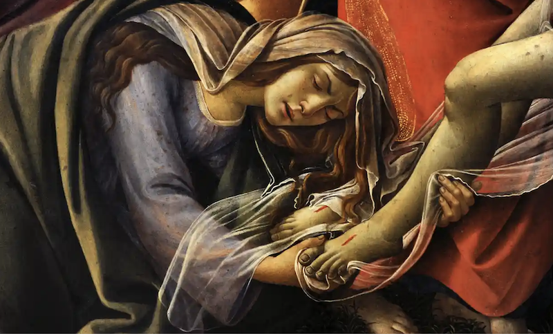 Chi tiết từ Lời than thở về Đấng Christ đã chết của Sandro Botticelli, một trong những tác phẩm được tìm thấy có sử dụng trứng trong sơn dầu