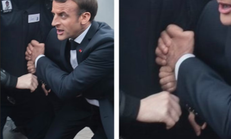 Ảnh deepfake về Tổng thống Emmanuel Macron. Khi zoom vào ta thấy hình dạng bàn tay bất thường.