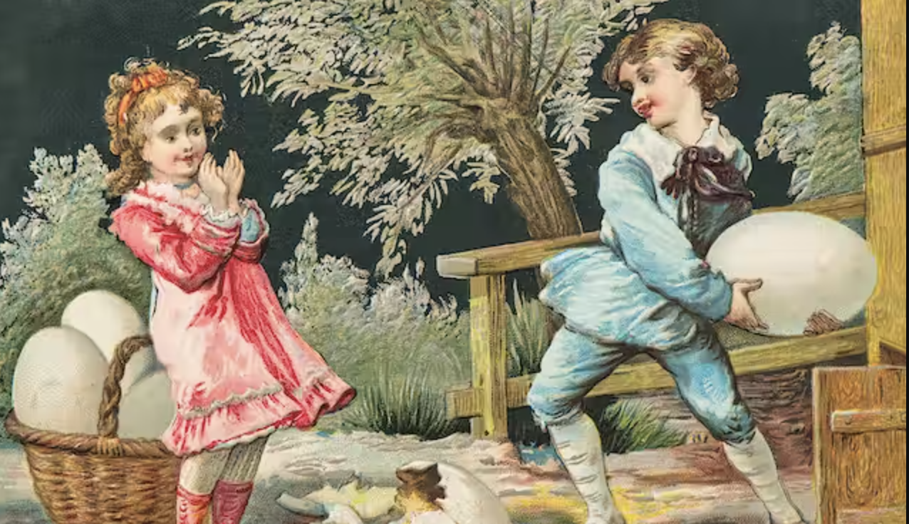 Hai đứa trẻ thưởng thức một trò chơi Phục sinh trong một tấm bưu thiếp từ năm 1900