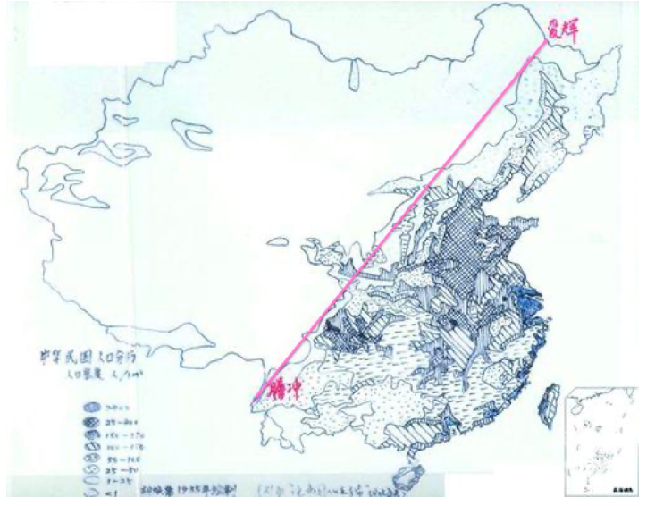 Hắc Hà – Đằng Xung Tuyến được Hồ Hoán Dung vẽ lần đầu năm 1935. Nguồn: Chinese Journal of Geography