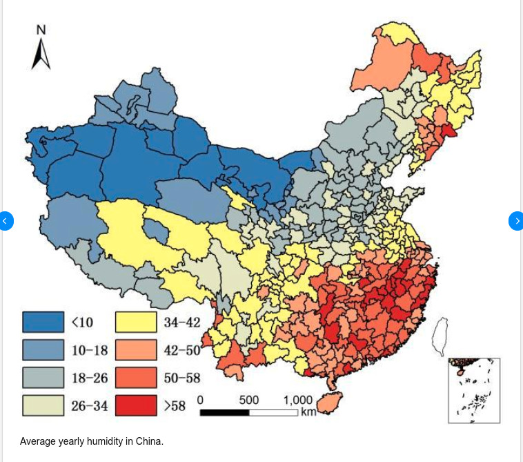 Độ ẩm trung bình các vùng miền tại Trung Quốc, trong đó độ ẩm ở phía Tây chỉ khoảng 10%.