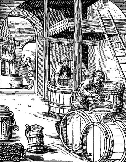 Loại men lai để làm ra bia lager xuất hiện ở xưởng ủ bia ở Munich. Trong ảnh: Xưởng nấu bia ở thế kỉ 16. 