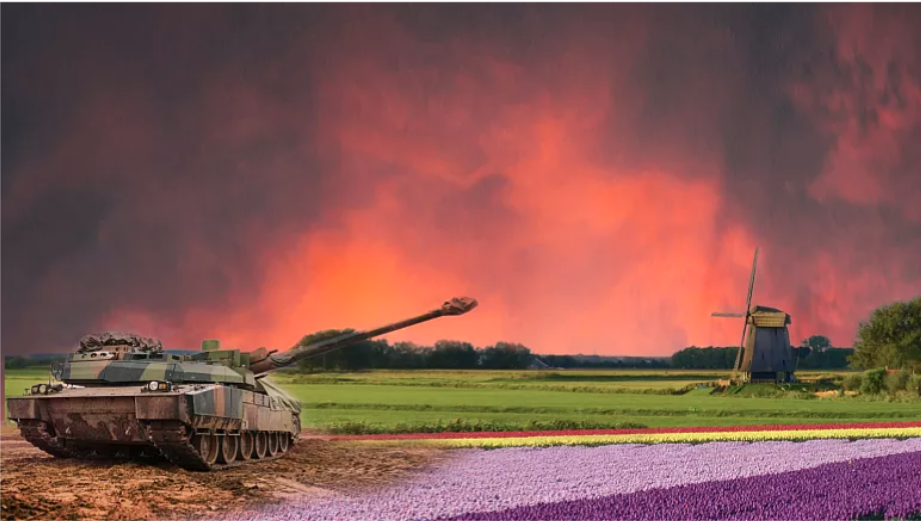 Tranh biếm họa: Hà Lan bán hoa cho Nga và viện trợ xe tăng Leopard 2 cho Ukraine. Ảnh: Euronews Graphistes