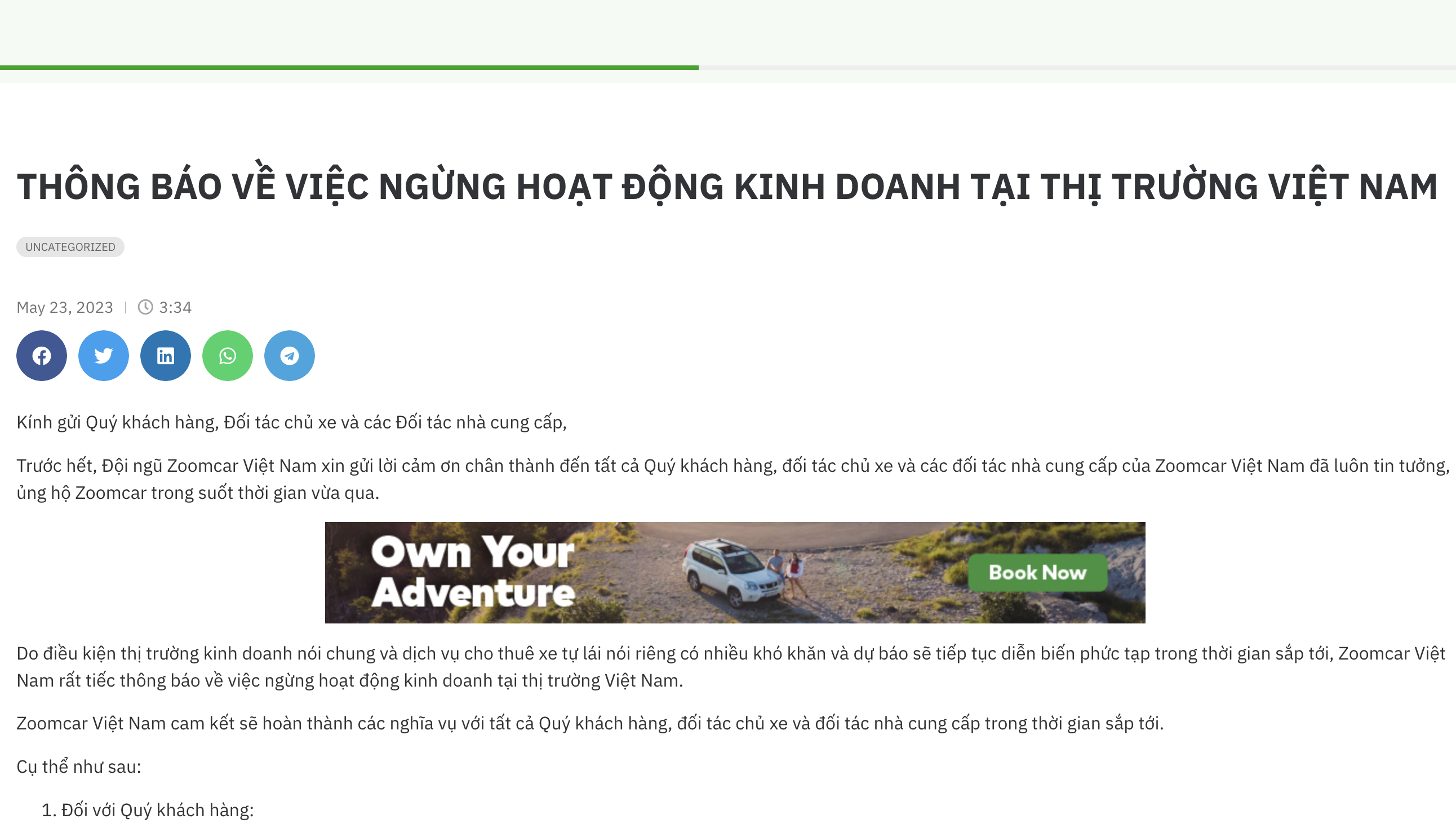 Thông báo dừng hoạt động được đăng tải trên trang chủ website Việt Nam. 