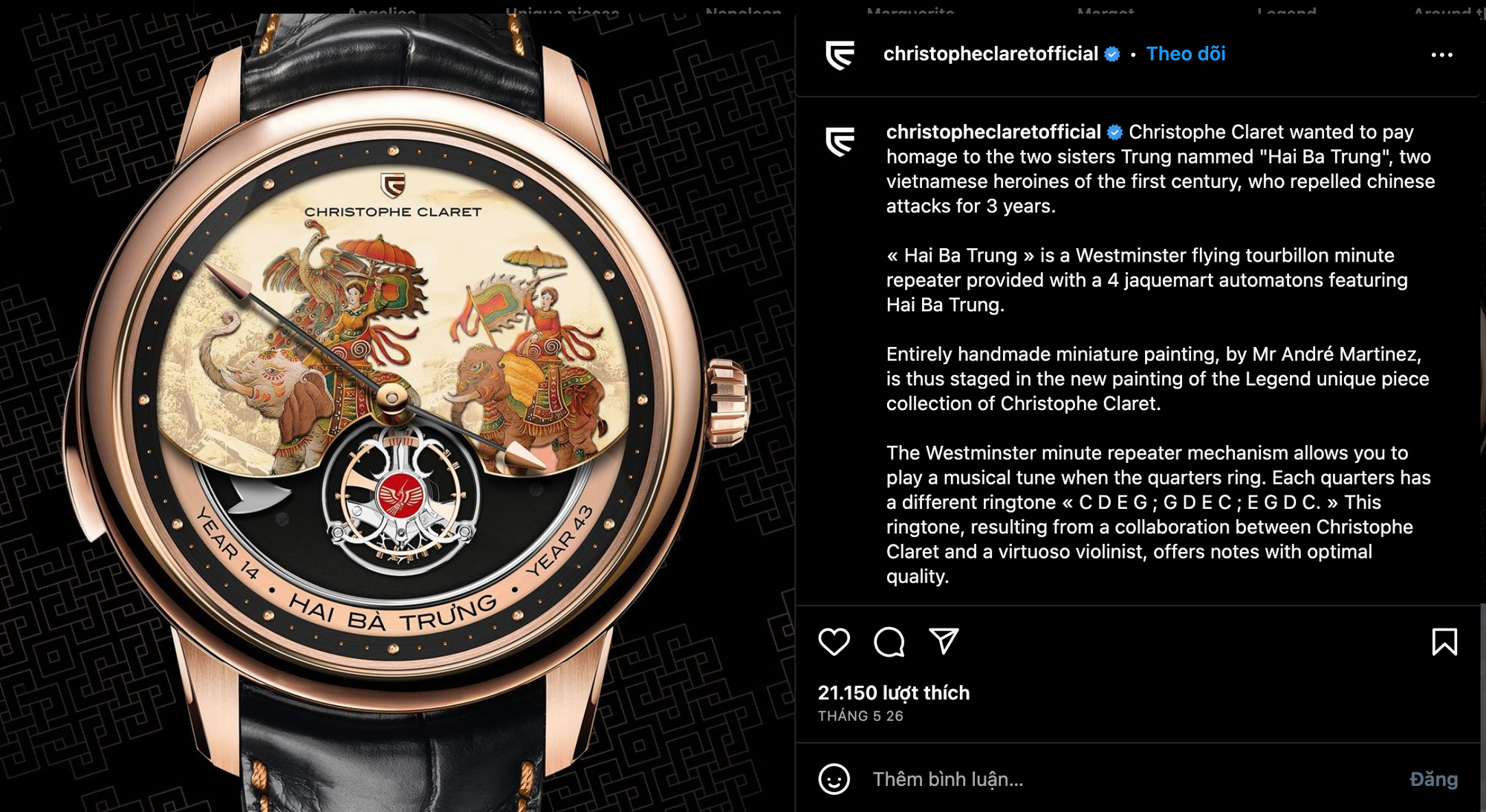 Hình ảnh chiếc đồng hồ với hình vẽ Hai Bà Trưng được hãng đồng hồ Thụy Sĩ đăng tải trên Instagram. Nguồn: giaoducthoidai