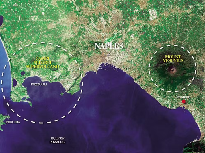 Minh họa vị trí núi lửa Campi Flegrei và vùng ảnh hưởng.