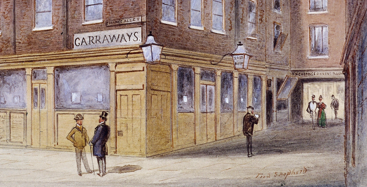 Tranh vẽ cảnh trước cửa tiệm cafe Garraway ở London, năm 1873. Ảnh: Guildhall Library & Art Gallery/Heritage Images/Getty Images