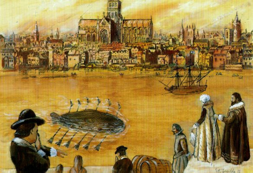 Bức họa cảnh tàu ngầm 12 tay chèo di chuyển trên sông Thames vào năm 1621. Tác giả: G. H. Tweedale