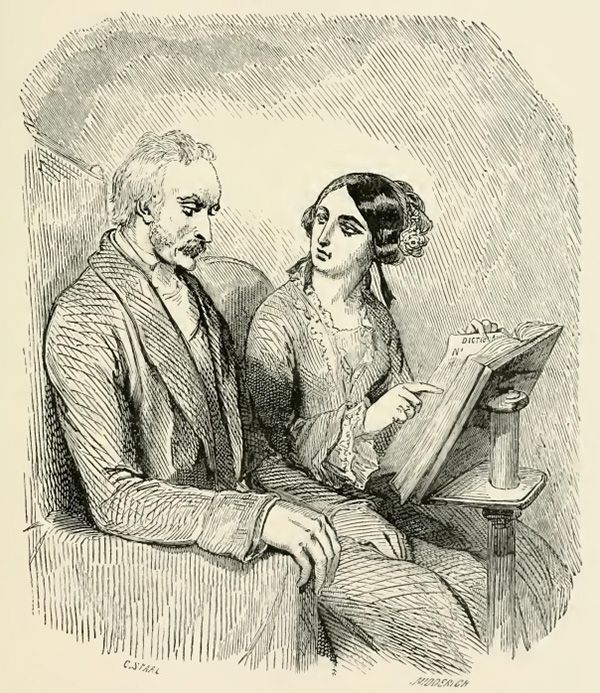 Cảnh ông Villefort giao tiếp với cô cháu gái qua các từ và chữ cái trong sách trong tác phẩm Bá tước Monte Cristo.  Nguồn: Project Gutenberg.