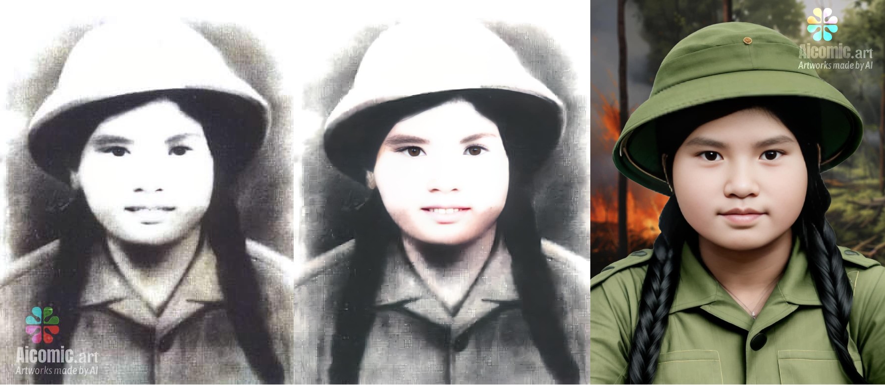 Từ trái qua phải, bức ảnh chân dung gốc của liệt sĩ Võ Thị Hà được AI học tập và phục dựng 