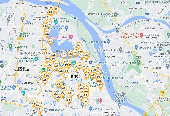 Bản đồ mạng lưới xe đạp công cộng TNGo tại Hà Nội. Ảnh: Thế Hệ Xanh