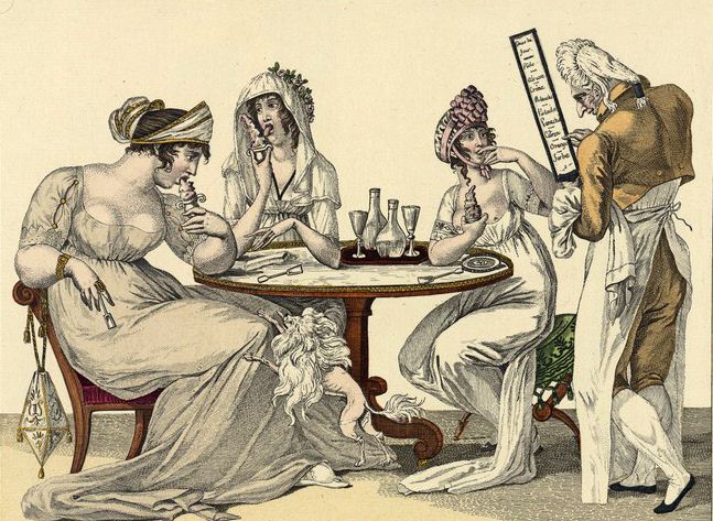 Những phụ nữ quý tộc ăn kem trong một bức tranh biếm họa của Pháp vào năm 1801.Ảnh: Gallica