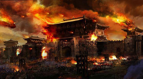 Tranh vẽ nhiều phủ đệ bị cháy do dư chấn vụ nổ Vương Cung Xưởng. Ảnh nguồn: Samim.io.