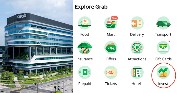 Trụ sở của Grab ở Singapore và các sản phẩm hiện có của Grab, trong đó có GrabInvest. Ảnh: TH