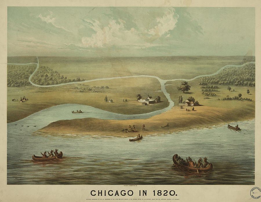 Tranh vẽ khu đất giao giữa sông Chicago và hồ Michigan (năm 1820), nơi Monadnock được xây dựng lên về sau.