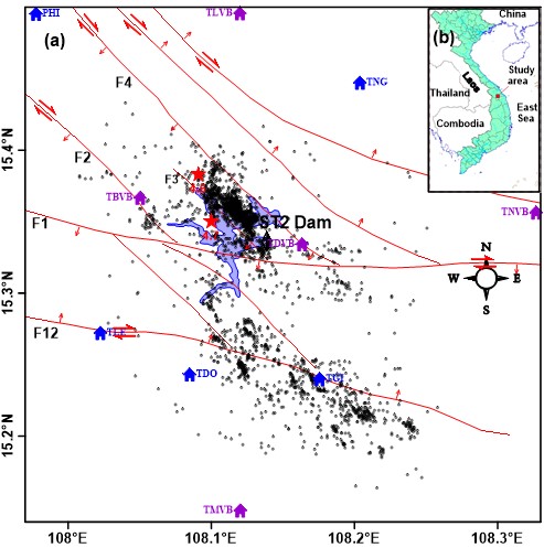 Sơ đồ vị trí nghiên cứu và chấn tâm động đất (ML ≥ 1) khu vực Thủy điện Sông Tranh 2 giai đoạn từ tháng 9 năm 2012 đến tháng 3 năm 2020