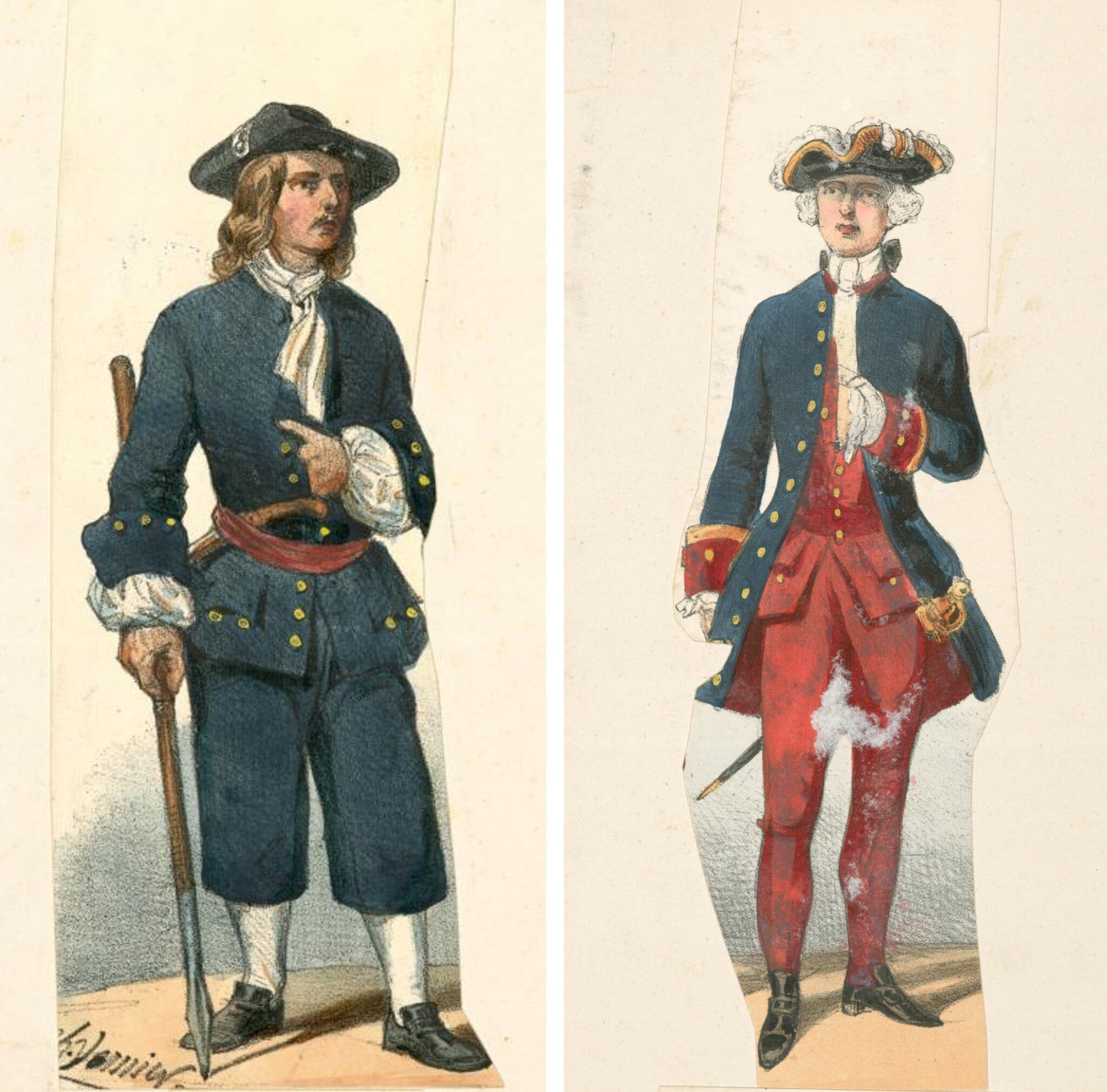 Minh họa về thủy thủ người Pháp (trái) và sĩ quan hải quân (phải) trong thời kỳ này. Ảnh: New York Public Library Collection