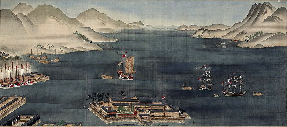 Tranh vẽ cảnh một tàu buôn Hà Lan cập bến Dejima. Ảnh: Wikimedia Commons
