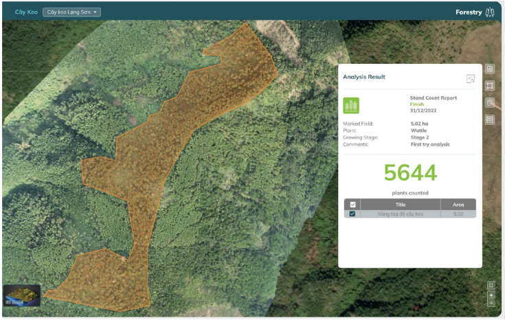 Theo dõi các vùng rừng trồng keo và đếm số cây bằng hệ thống UAV và AI. Ảnh: MiSmart