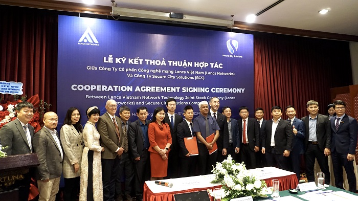Lễ ký kết thỏa thuận hợp tác giữa Công ty Cổ phần Công nghệ mạng Lancs Việt Nam (Lancs Networks) và Công ty Secure City Solutions (SCS) ngày 3/1/2024. Ảnh: TL
