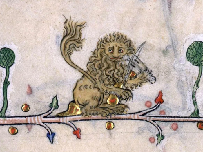 Bức vẽ một con sư tử chơi nhạc từ Pháp, thế kỷ 14. Nguồn: tài khoản WeirdMedieval trên X