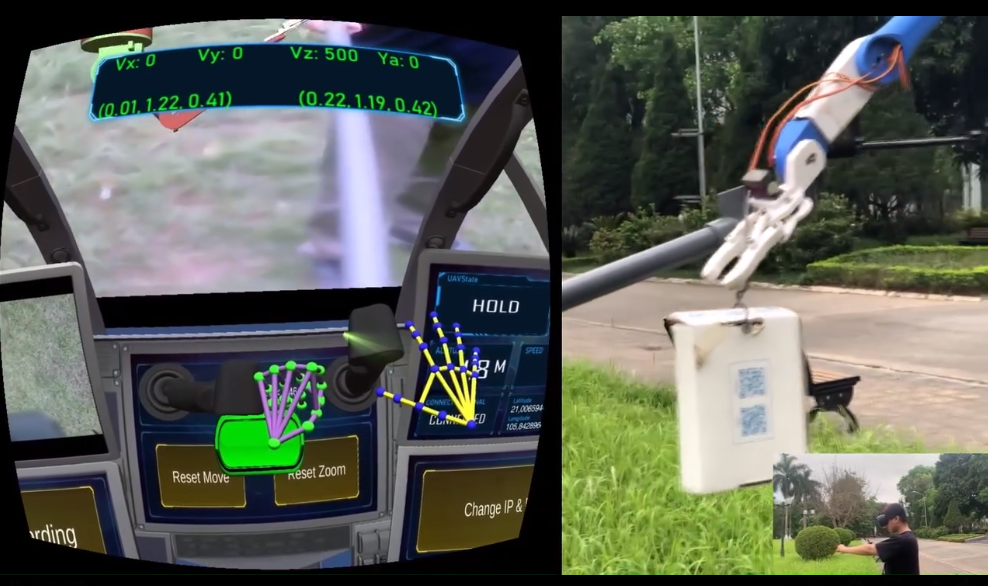 Cánh tay robot bay và gắp vật thể (phía trên, bên phải) được người điều khiển bằng kính thực tế ảo (Phía dưới, phải) thông qua một hệ thống điều khiển 3D tạo ra bởi công nghệ song sinh số (trái). Ảnh: EmNetLab
