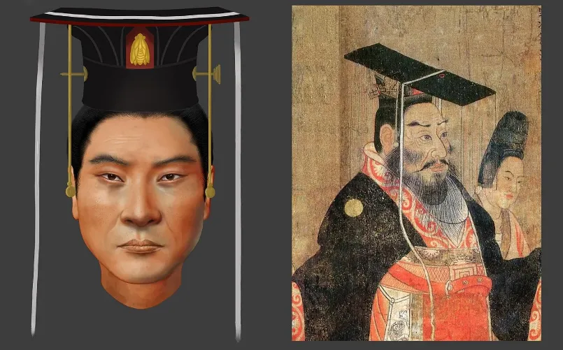 Chân dung Chu Vũ Đế được phục dựng (trái) và tranh vẽ ông trong tác phẩm Lịch đại đế vương đồ quyền (phải). Nguồn: Ngụy Thiên Thiên