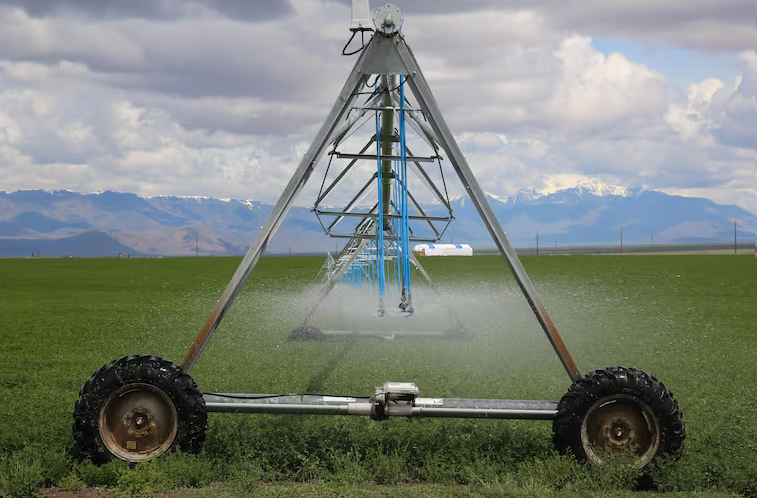 Một trục thủy lợi ở miền nam Oregon, Mỹ vào ngày 27/5/2019. Phun nước ở độ cao thấp để ít bay hơi là biện pháp tiết kiệm nước mà một số nông dân thực hiện để đối phó với mực nước ngầm cạn kiệt. Ảnh: Emily Cureton 