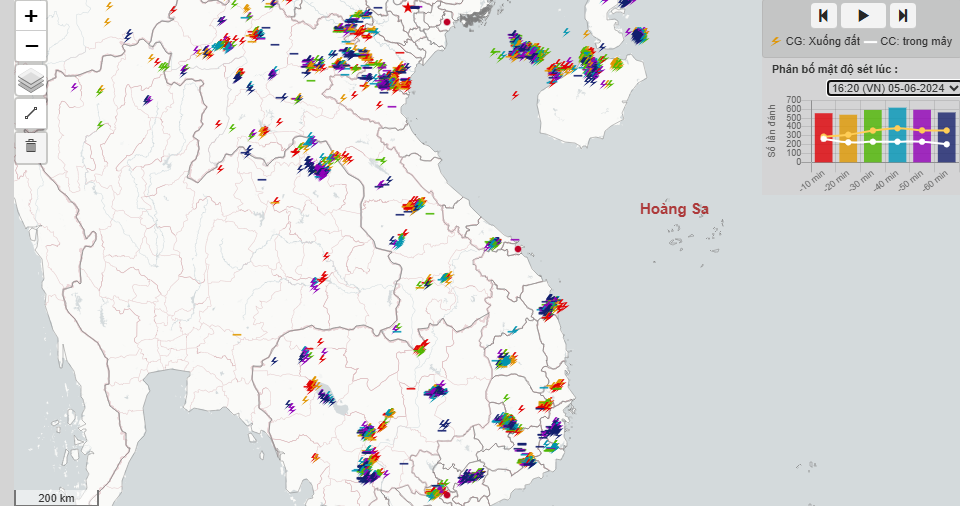 Bản đồ phân bố sấm sét ở Việt Nam lúc 16h30 ngày 5/6/2024 - Ảnh: Trung tâm Mạng lưới khí tượng thủy văn quốc gia