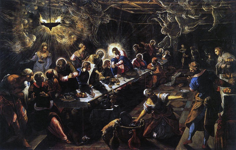 Bức tranh “Bữa tối cuối cùng” của Tintoretto (1518-1594), mô tả Chúa Jesus hiện diện lẩn khuất giữa đám đông huyên náo: