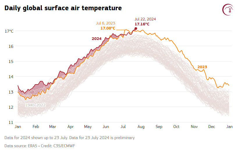 Nhiệt độ không khí bề mặt trung bình hàng ngày trên toàn cầu cho năm 2024 (đỏ), 2023 (cam) và tất cả các năm từ 1940 đến 2022 (màu xám). Ảnh: C3S / ECMWF