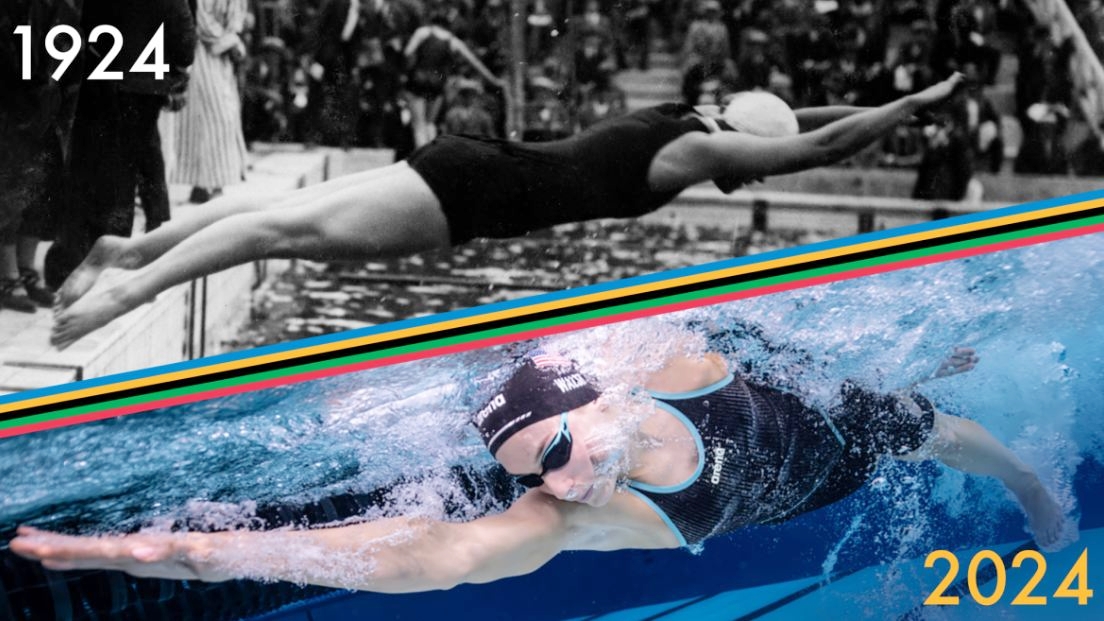 Đồ bơi của vận động viên năm 1924 và năm 2024. Ảnh: APP