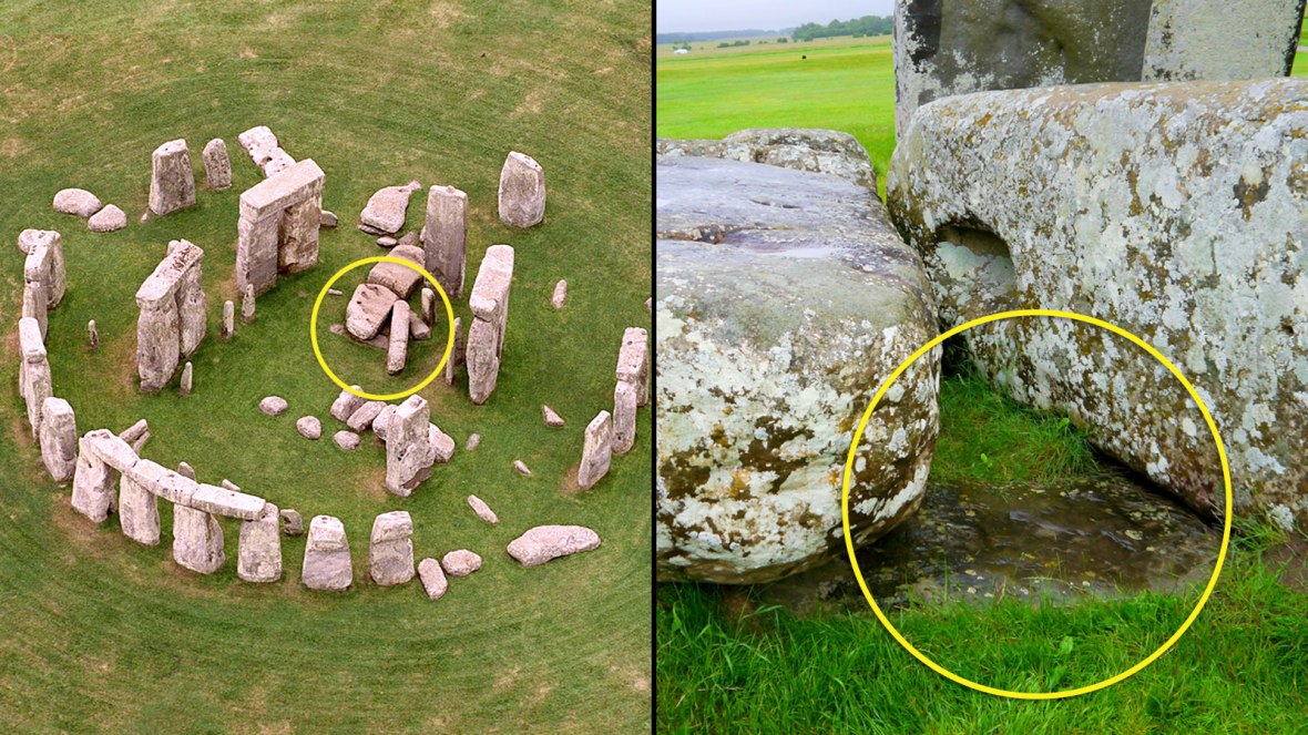 Đá Bệ thờ (vùng khoanh tròn) nằm bên dưới hai tảng đá khác bị ngã đổ tại trung tâm Stonehenge. Ảnh: Thetimes