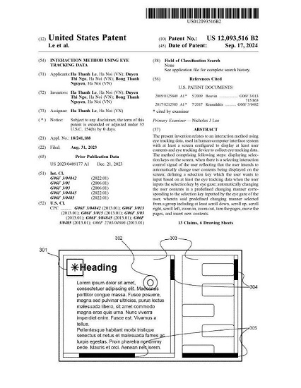 Bằng sáng chế số US 12,093,516 B2 do USPTO cấp cho nhóm nghiên cứu hệ thống Blife. Nguồn: NVCC